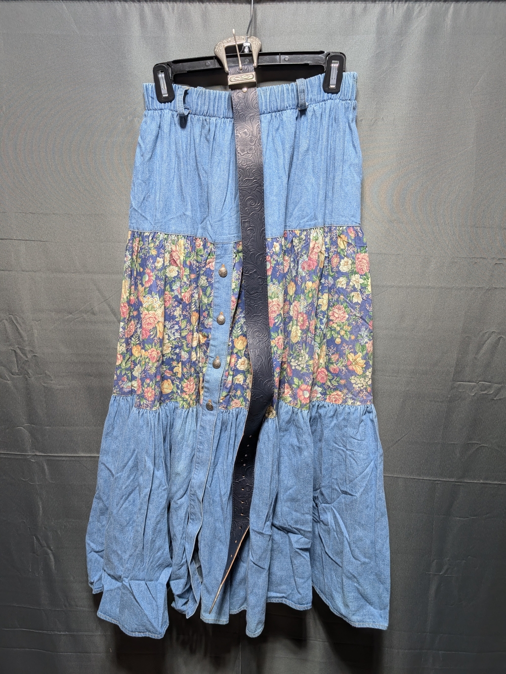 Vintage Deadstock 90s Western Floral Panel Blue Maxi Skirt with Button Front